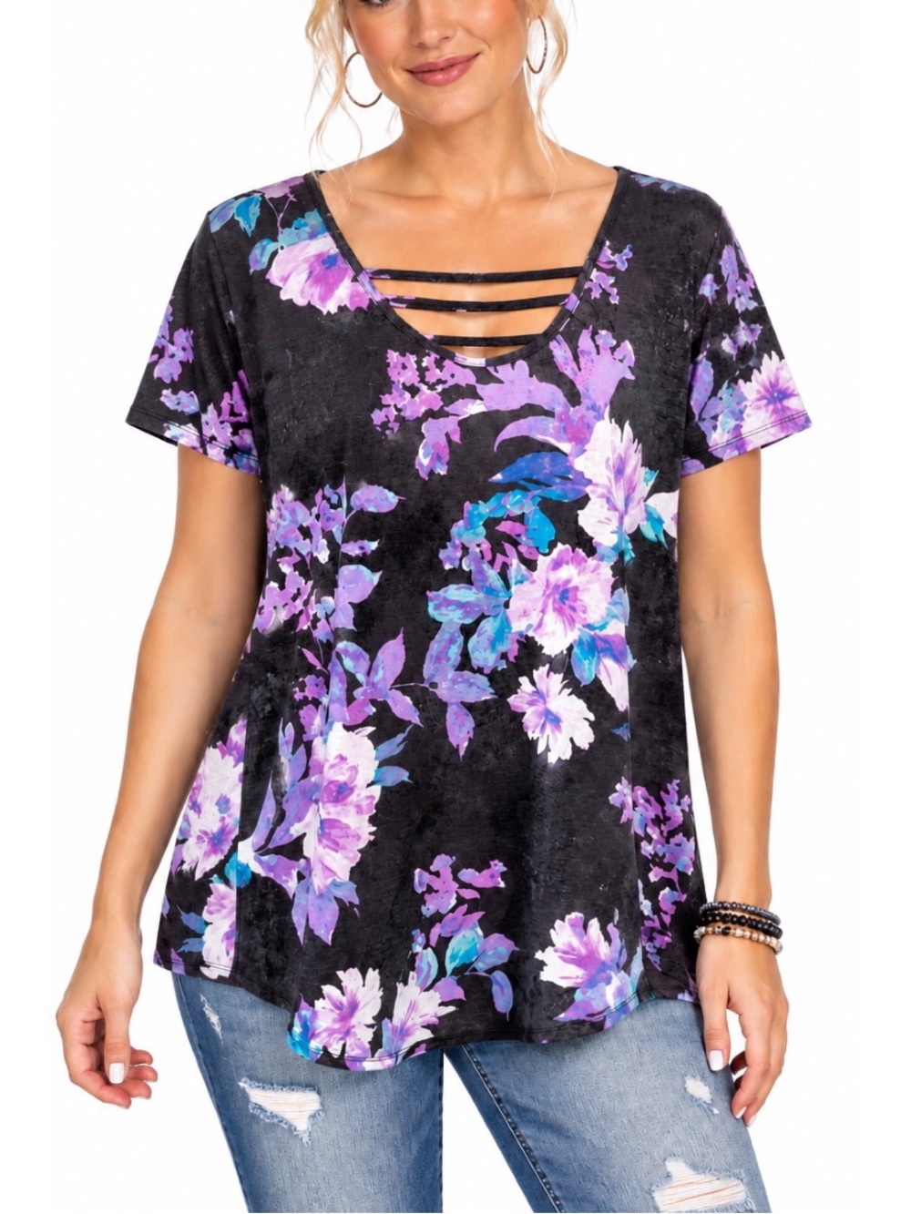 Honeyme black tee with purple floral print top
